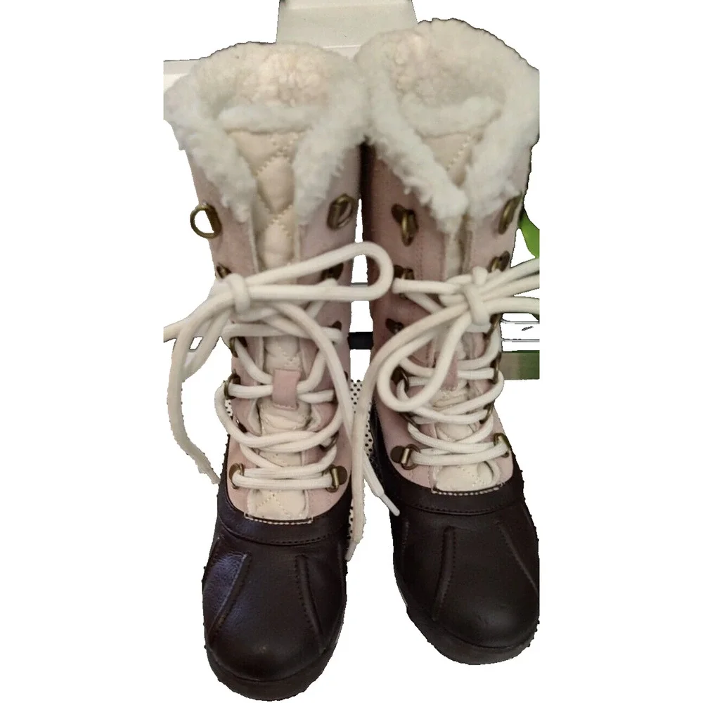 Lands End Kids Lace up All Weather Boots Leather & Suede and Faux Shearling‎ 10